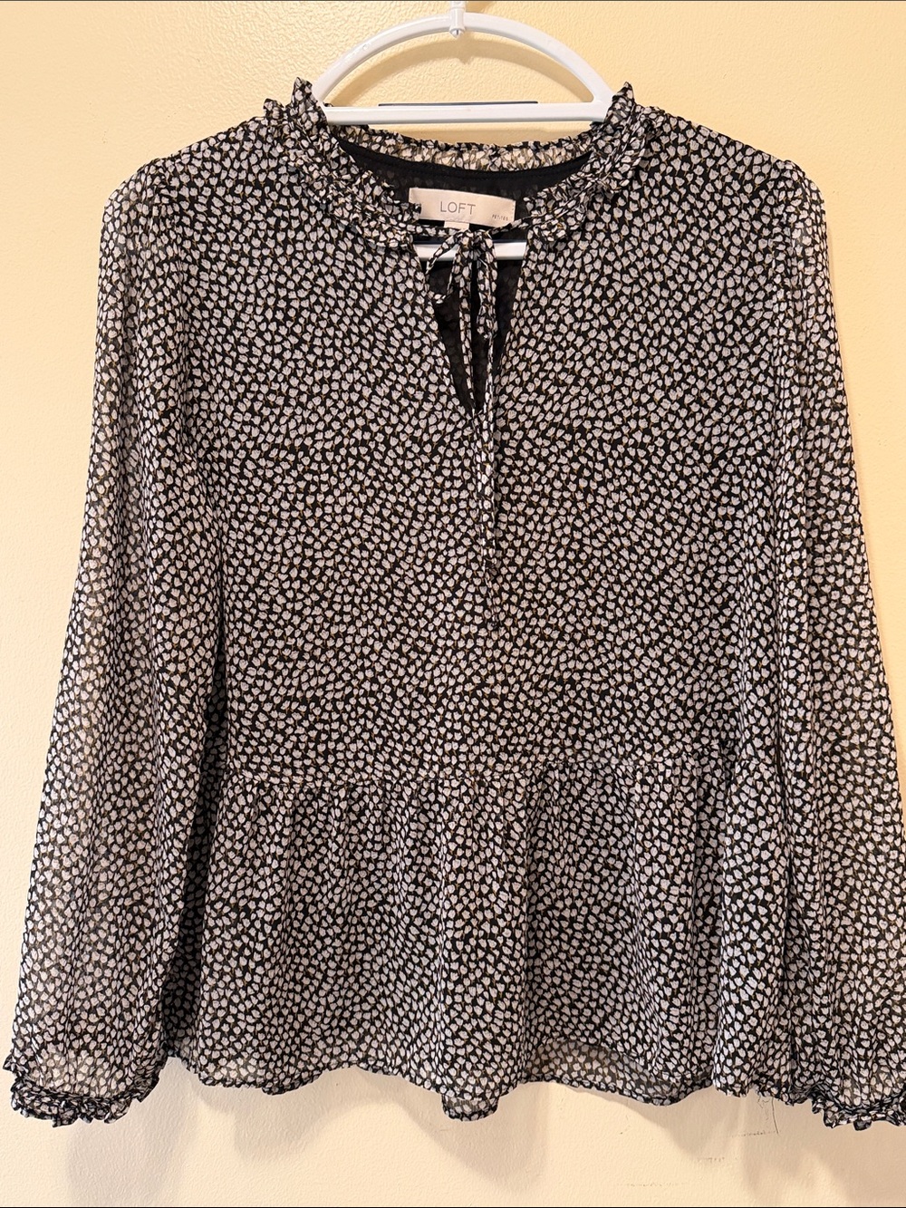 LOFT Black and White Tie-Neck Peplum Blouse